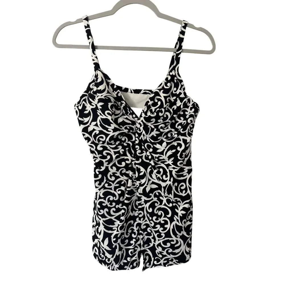 Miraclesuit Scroll Love Knot Tankini Top‎ Black and White Size 10